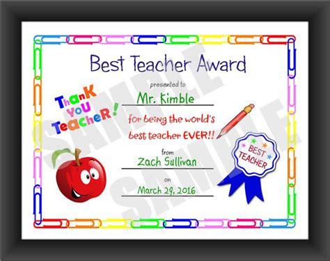 Certificate Best Teacher Kids Certificate Printable Pdf Download Print