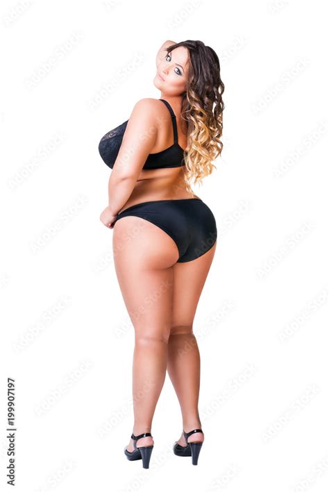 Plus Size Sexy Model In Black Underwear Fat Woman Isolated On White