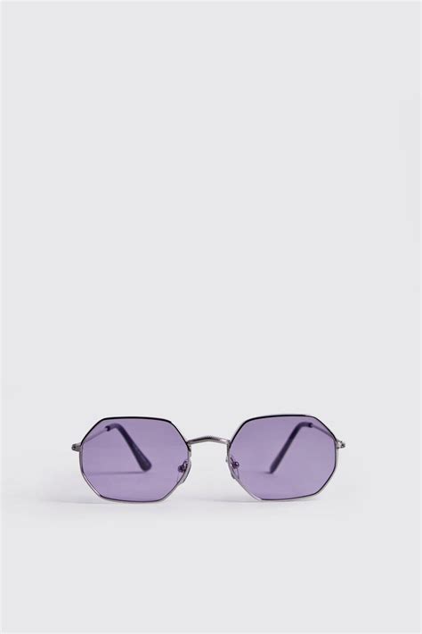 men s purple lens metal frame hexagonal sunglasses boohoo uk