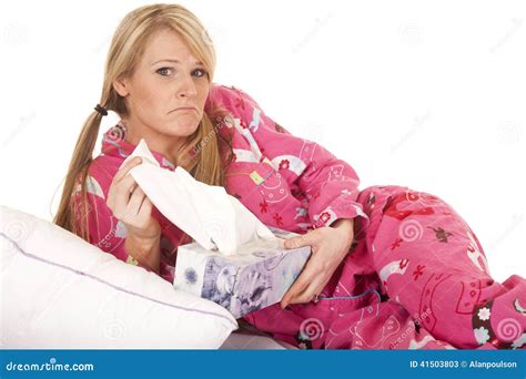 Woman Pink Pajamas Tissue Pull Frown Stock Image Image Of Eyes Happy