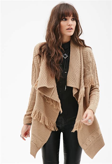 Lyst Forever 21 Cable Knit Fringe Cardigan In Brown
