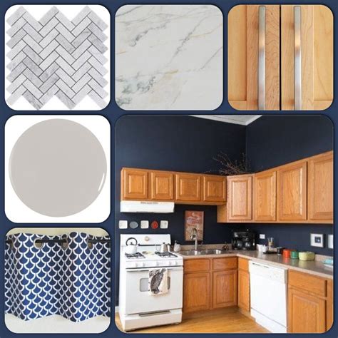 As you can see, this shade works with both cool and warm tones. Kitchen inspiration. Honey oak cabinets and hale navy blue. Gray tile counters | Honey oak ...