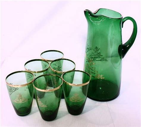 Green Glass Lemonade Set With Six Glasses British 20th Century Glass