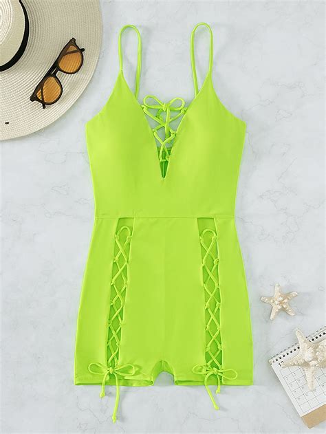 BOUDOIRCORE Neon Lime Lace Up One Piece Swimsuit SHEIN UK