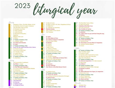 2023 Catholic Liturgical Calendar Year At A Glance Liturgical Etsy
