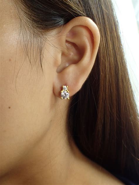 Two Stones Stud Earrings Simulated Diamonds Gold Plated Etsy