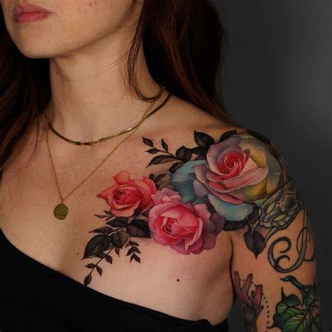 Pretty Ladies Roses Shoulder And Chest Tattoo Tattoo Ideas For Men And Women In 2024
