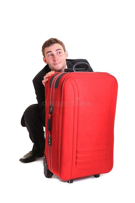 Funny Business Man Hide Behind Red Luggage Stock Photos Free