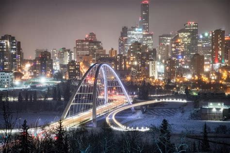 Downtown Edmonton On Showy Winters Night Stock Photo Image Of Left