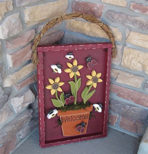 Welcome Flower Pot With Sunflowers Lady Bugs And Bees For Home Decor