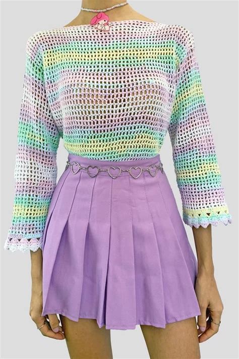 Y2k 90s Rainbow Crochet Sweater Pastel Knit Jumper Pink Lilac Cyber