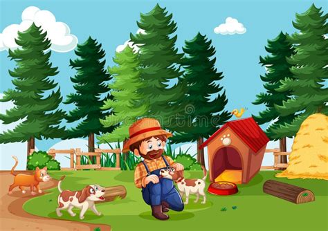 Farmer With Animal Farm In Farm Scene In Cartoon Style Stock Vector