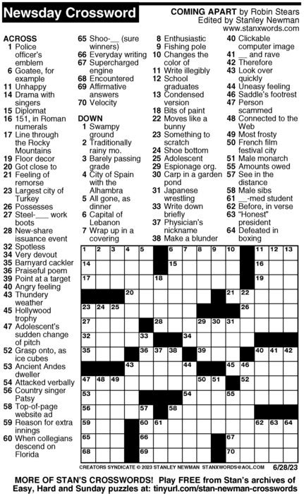 Newsday Crossword Puzzle For Jun 28 2023 By Stanley Newman Creators