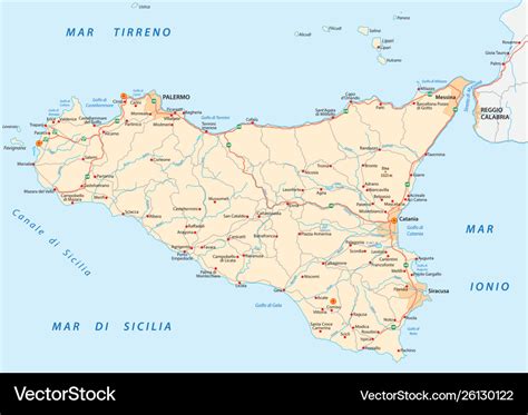 Detailed Road Map Island Sicily Italy Royalty Free Vector