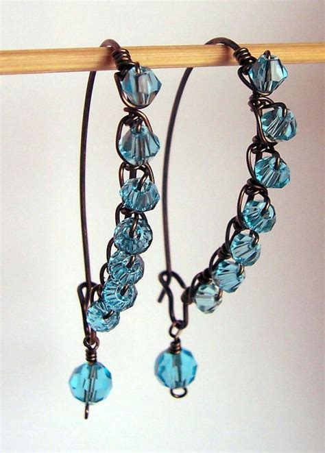 Blue Crystal And Brass Wire Wrapped Earrings By Starrydreams
