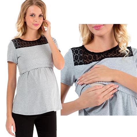 Summer Maternity Nursing Tops Lace Patchwork Pregnant T Shirts Mother