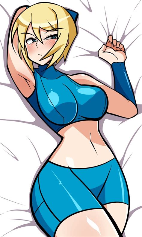 Iriomote Umineko Samus Aran Metroid Nintendo Bed Blonde Hair Blue Eyes Breasts Crop Top