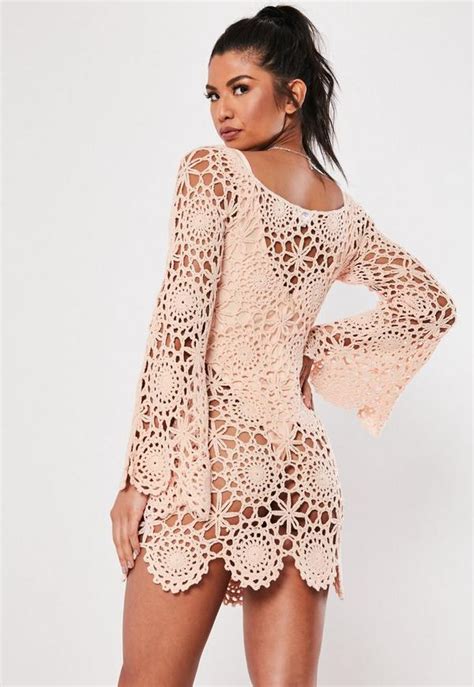 Pink Crochet Bardot Flare Sleeve Mini Dress Missguided