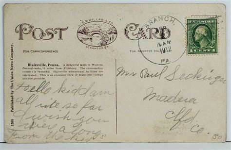 Blairsville Pa Blairsville College 1912 Branch To Madera Postcard O11