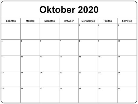 Jetzt die vektorgrafik kalenderblatt juni 2021 herunterladen. Frei Kalender Oktober 2020 Ausdrucken | Druckbarer 2021 ...
