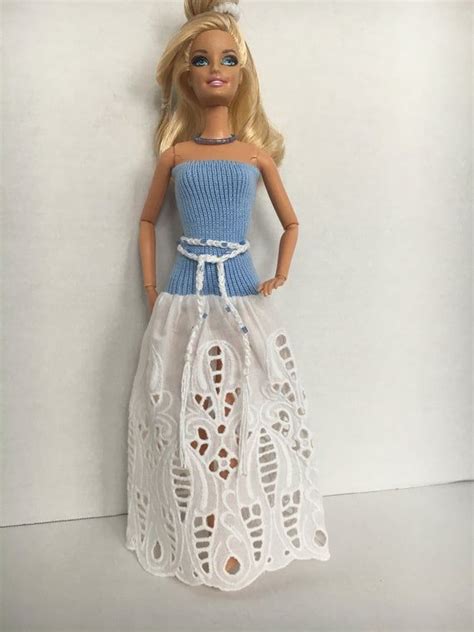 Handmade Barbie Doll Clothes Barbie Dresses Barbie Clothes Blue Top And White Eyelet Bottom
