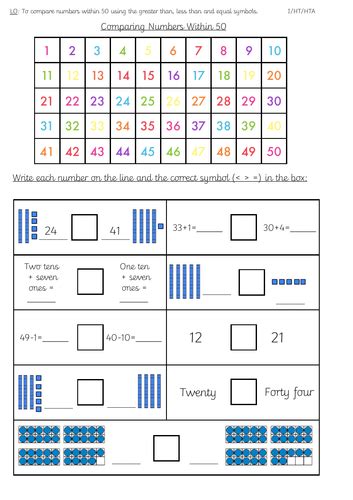 Comparing Numbers 1 50 Worksheets