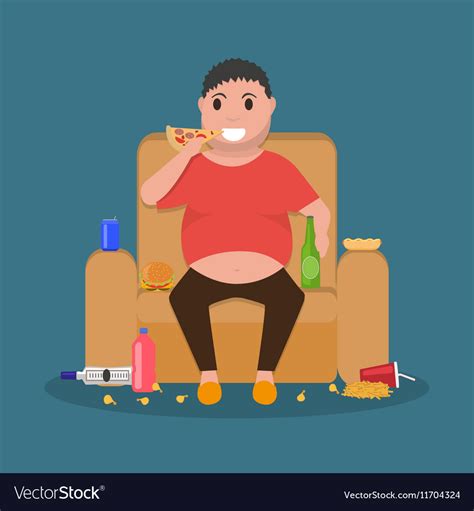 Cartoon Fat Man Sitting On Couch Eat Junk Food Vector Image