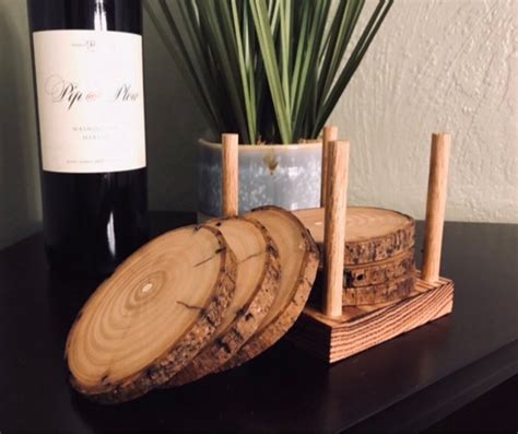 Wooden Coaster Set With Holder 6 Coasters Live Edge Wood Etsy