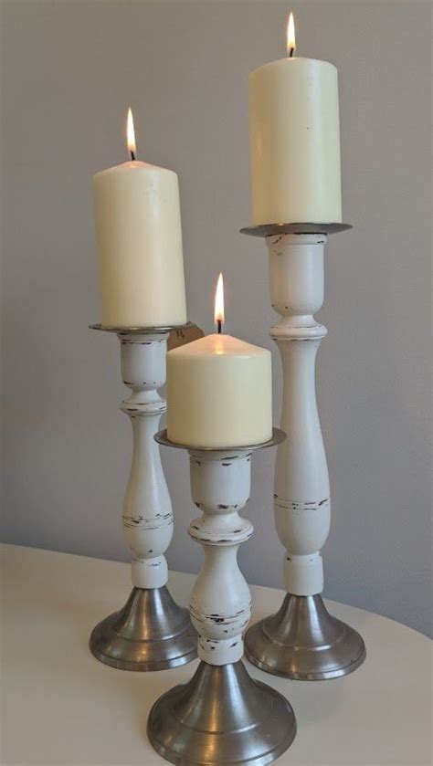 Distressed Candle Holders With Brushed Nickel Base And Top Etsy Rustic Candle Holders