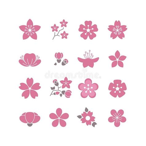 Cherry Pink Flower Spring Sakura Blossom Vector Icon Set Stock Vector