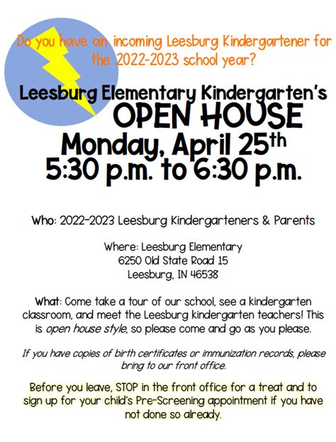 Kindergarten Open House April 25th Leesburg Elementary School