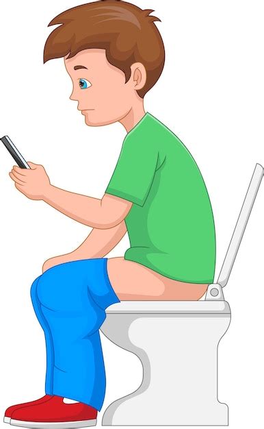 Niño De Dibujos Animados Orinando O Cagando Y Sosteniendo El Teléfono En El Baño Vector Premium