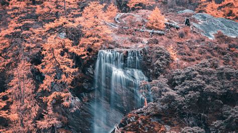 Download Wallpaper 1600x900 Waterfall River Trees Rocks