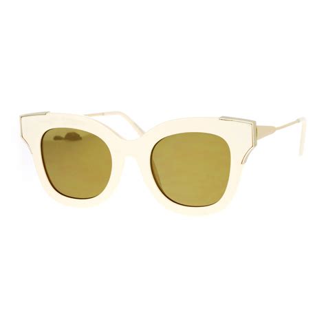 Sa106 Color Mirrored Horned Rim Flat Lens Cat Eye Womens Retro Sunglasses Ivory Gold