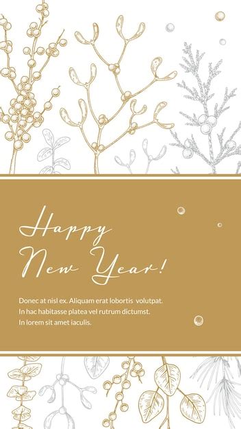 С новым годом и рождеством вертикальная открытка с нарисованными вручную элементами золотой