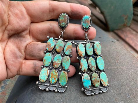 3 Long Turquoise Cluster Post Earrings By Navajo Jacqueline Silver