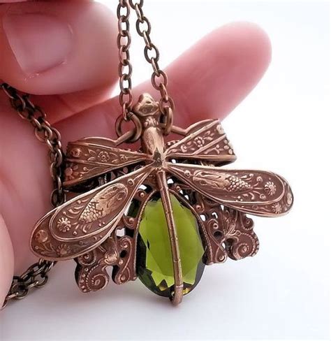 Green Dragonfly Necklace Art Nouveau Dragonfly Jewelry Etsy