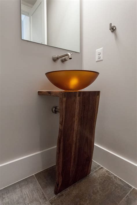 Contemporary Powder Room With Live Edge Wood Sculptural Vanity With