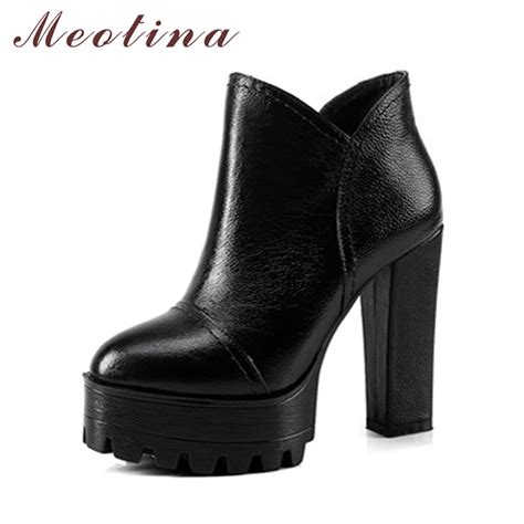 Meotina Genuine Leather Boots Women Ankle Boots High Heels Platform Shoes Autumn Winter Boots