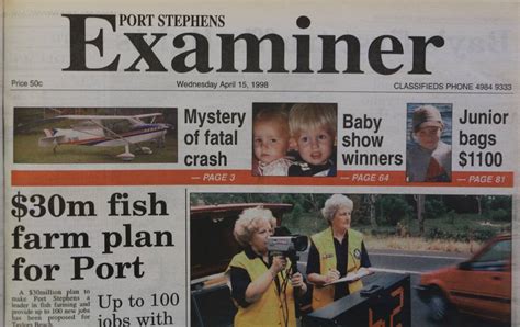The Front Page Of The Port Stephens Examiner On April 15 1998 Port