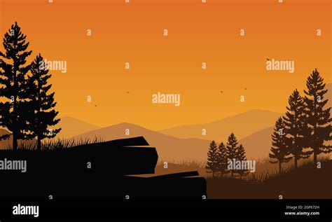Mountains View With Realistic Silhouettes Of Pine Trees From The