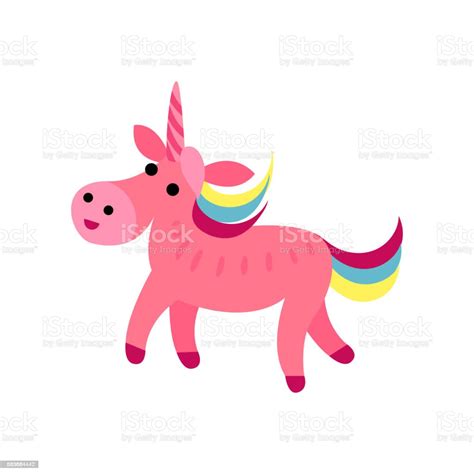 Pink Fairytale Unicorn With A Rainbow Mane Cartoon Vector Illustration
