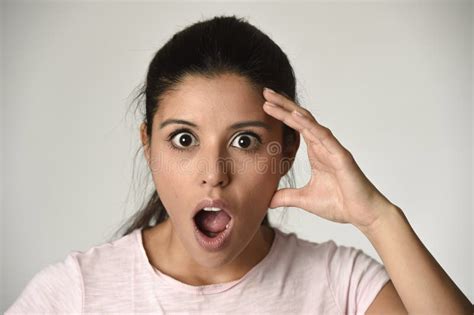 Young Beautiful Hispanic Surprised Woman Amazed Shock Surprise Mouth