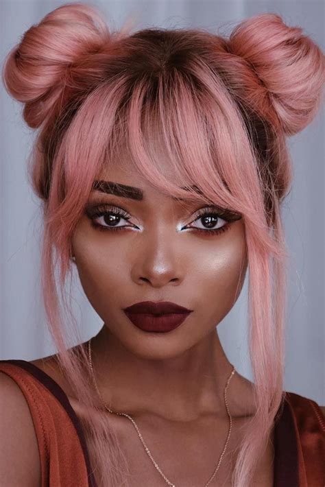 24 Hairstyles With Bun And Bangs Pink Hair Pastel Pink Hair Hair Color