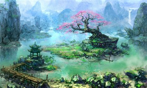 Free hd wallpaper, images & pictures of fantasy asian, download photos of for your desktop. artwork, Fantasy Art, Trees, Asian Architecture, Bonsai, Waterfall, River, Pier Wallpapers HD ...