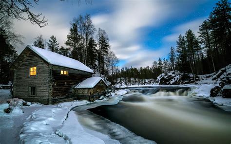 Cabin Forest House River Snow Winter Wallpaper 1920x1200 1191891