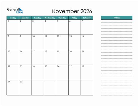 November 2026 Monthly Calendar Pdf Word Excel