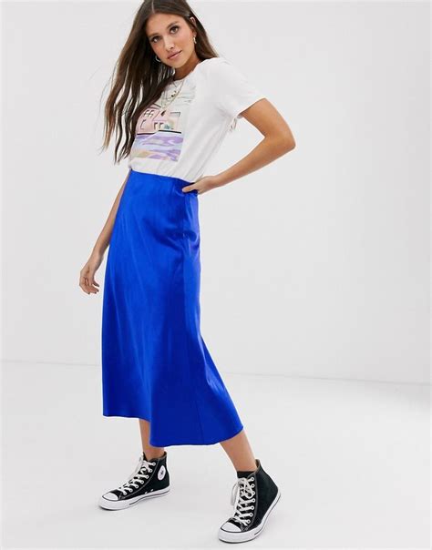 New Look Satin Midi Skirt In Light Blue Blue Silk Maxi Skirt Outfit
