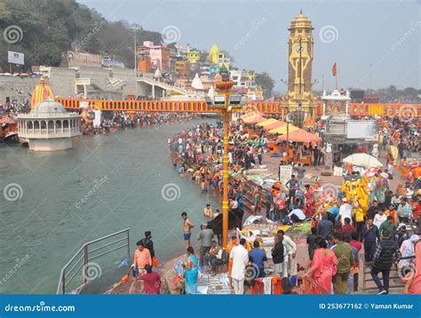 People Taking Bath In Holy River Ganga At Har Ki Pauri Ghat During Maha Shivratri And Kanwar