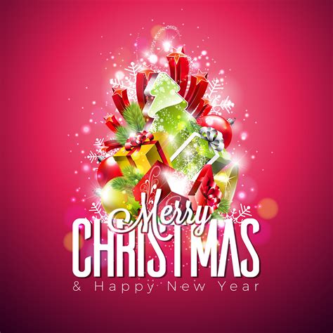 Vector Merry Christmas Illustration On Shiny Red Background With